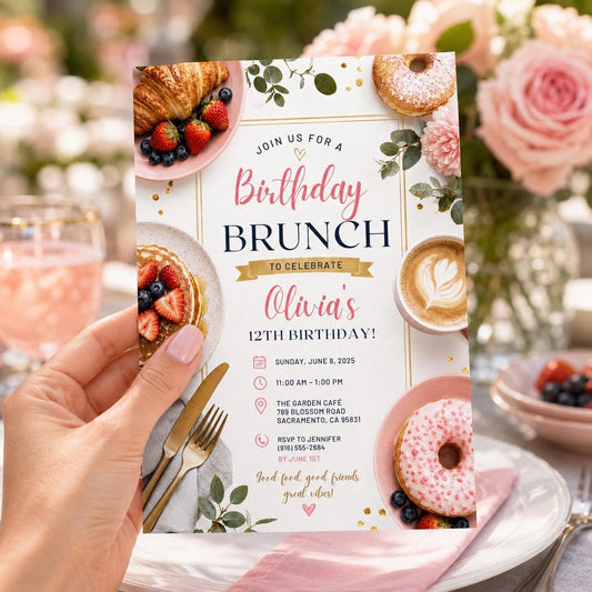 Editable Brunch Birthday Invitation Canva Template, Pink Yellow Girls Adult Cute Fun DIY Chic Kids Party Invite, Printable Digital Download.