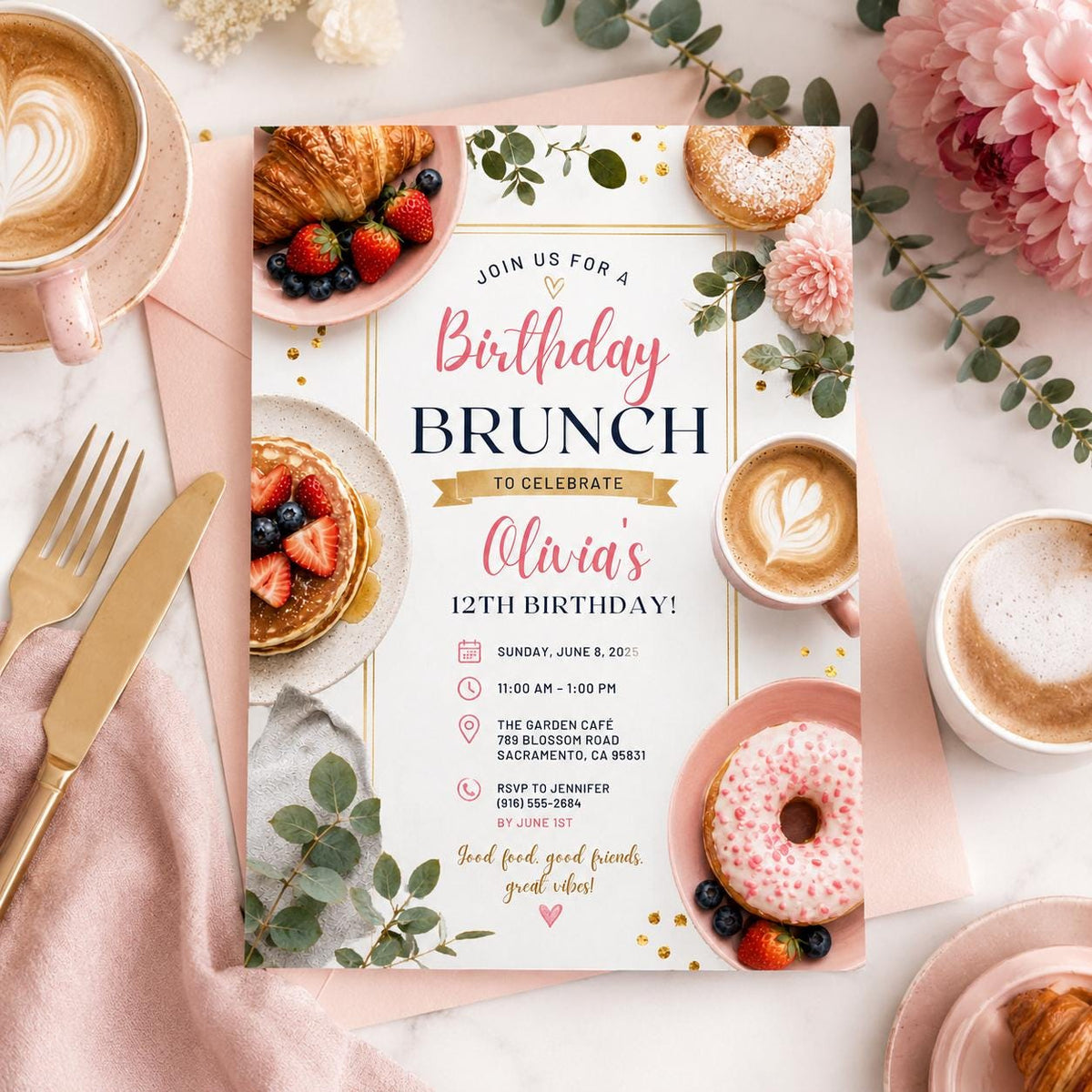 Editable Brunch Birthday Invitation Canva Template, Pink Yellow Girls Adult Cute Fun DIY Chic Kids Party Invite, Printable Digital Download.