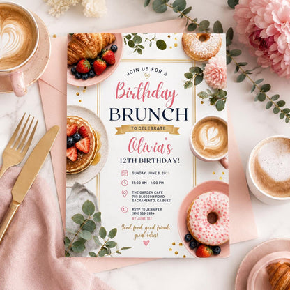 Editable Brunch Birthday Invitation Canva Template, Pink Yellow Girls Adult Cute Fun DIY Chic Kids Party Invite, Printable Digital Download.