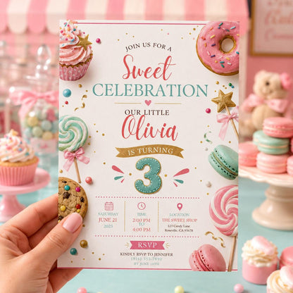 Editable Candy Birthday Invitation Canva Template, Blue Cream Boys Kids Cute Modern Fun Themed DIY Party Invite, Printable Digital Download.