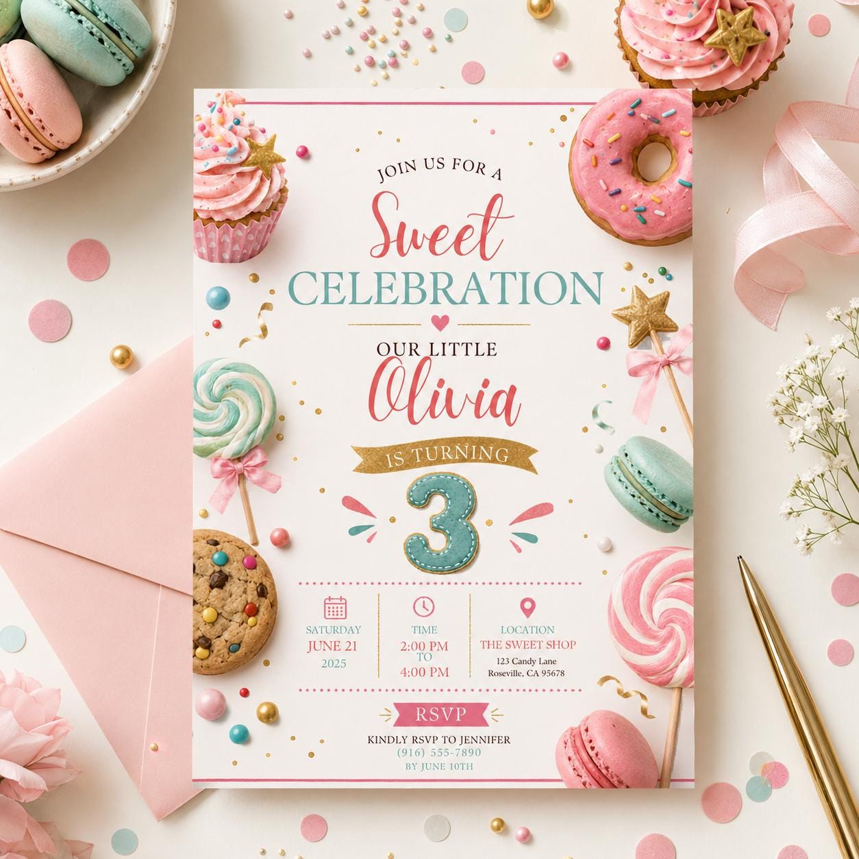 Editable Candy Birthday Invitation Canva Template, Blue Cream Boys Kids Cute Modern Fun Themed DIY Party Invite, Printable Digital Download.
