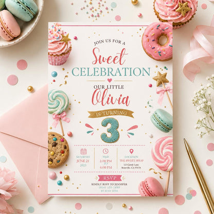 Editable Candy Birthday Invitation Canva Template, Blue Cream Boys Kids Cute Modern Fun Themed DIY Party Invite, Printable Digital Download.