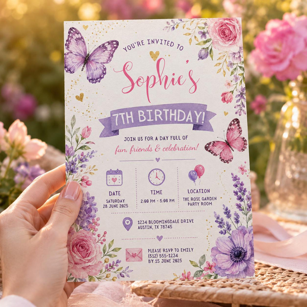 Editable Butterfly Birthday Invitation Canva Template, Pink Purple Pastel Floral Kids Cute Fun DIY Party Invite, Printable Digital Download.