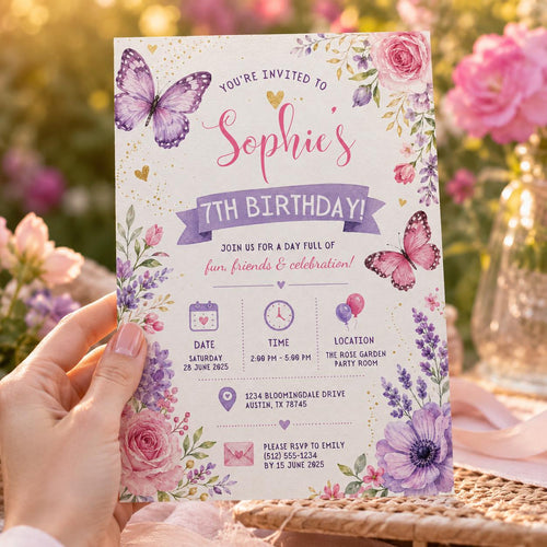 Editable Butterfly Birthday Invitation Canva Template, Pink Purple Pastel Floral Kids Cute Fun DIY Party Invite, Printable Digital Download.