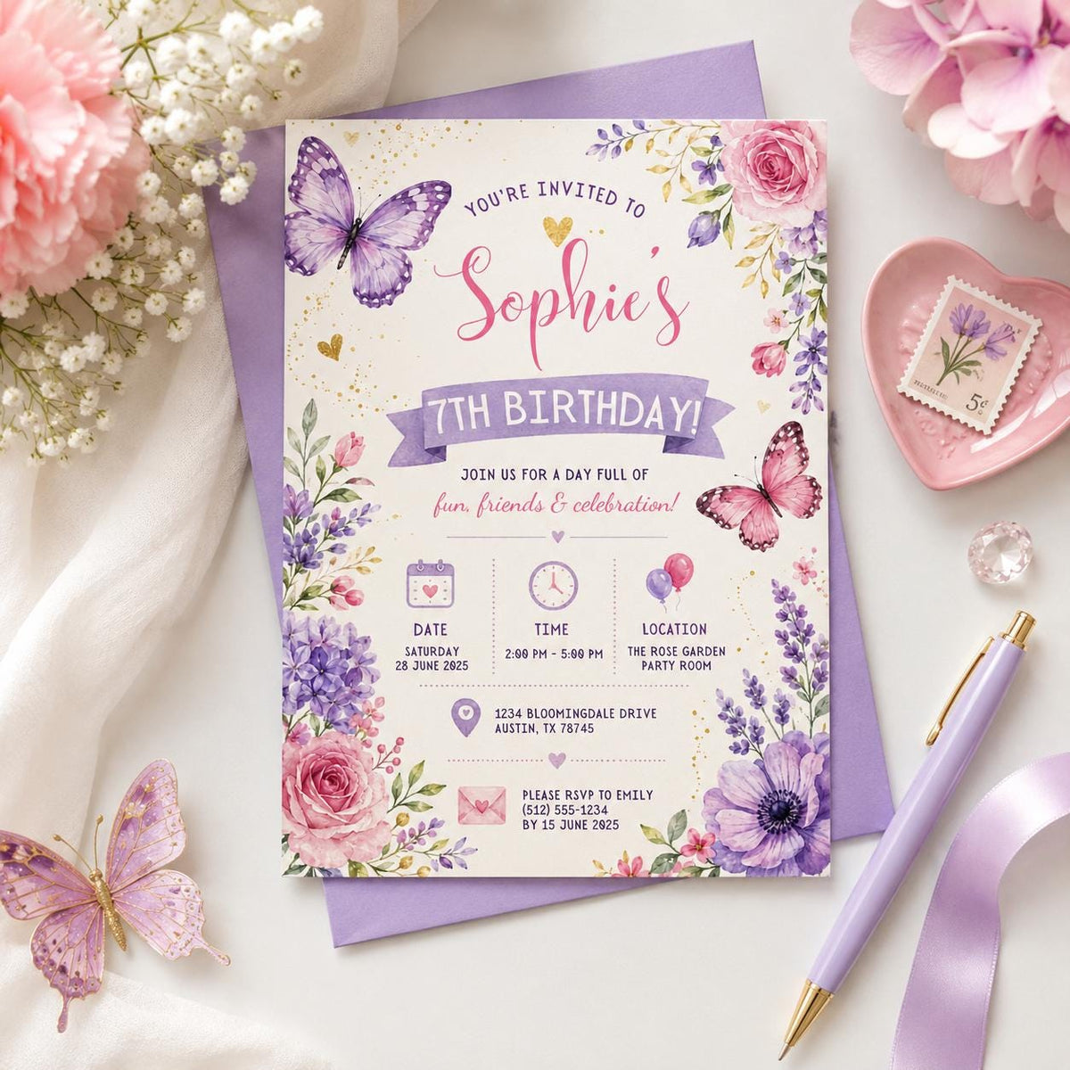 Editable Butterfly Birthday Invitation Canva Template, Pink Purple Pastel Floral Kids Cute Fun DIY Party Invite, Printable Digital Download.