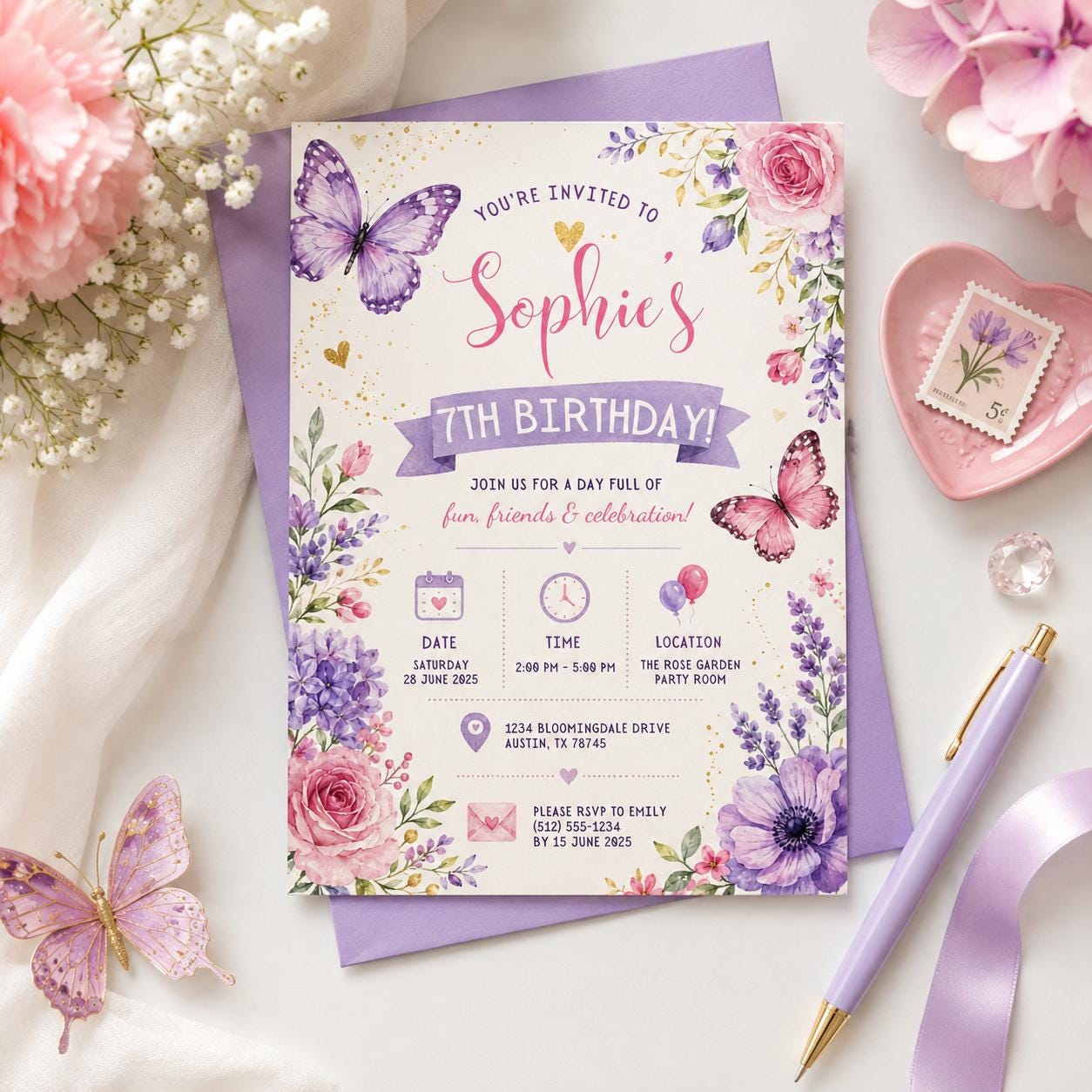 Editable Butterfly Birthday Invitation Canva Template, Pink Purple Pastel Floral Kids Cute Fun DIY Party Invite, Printable Digital Download.