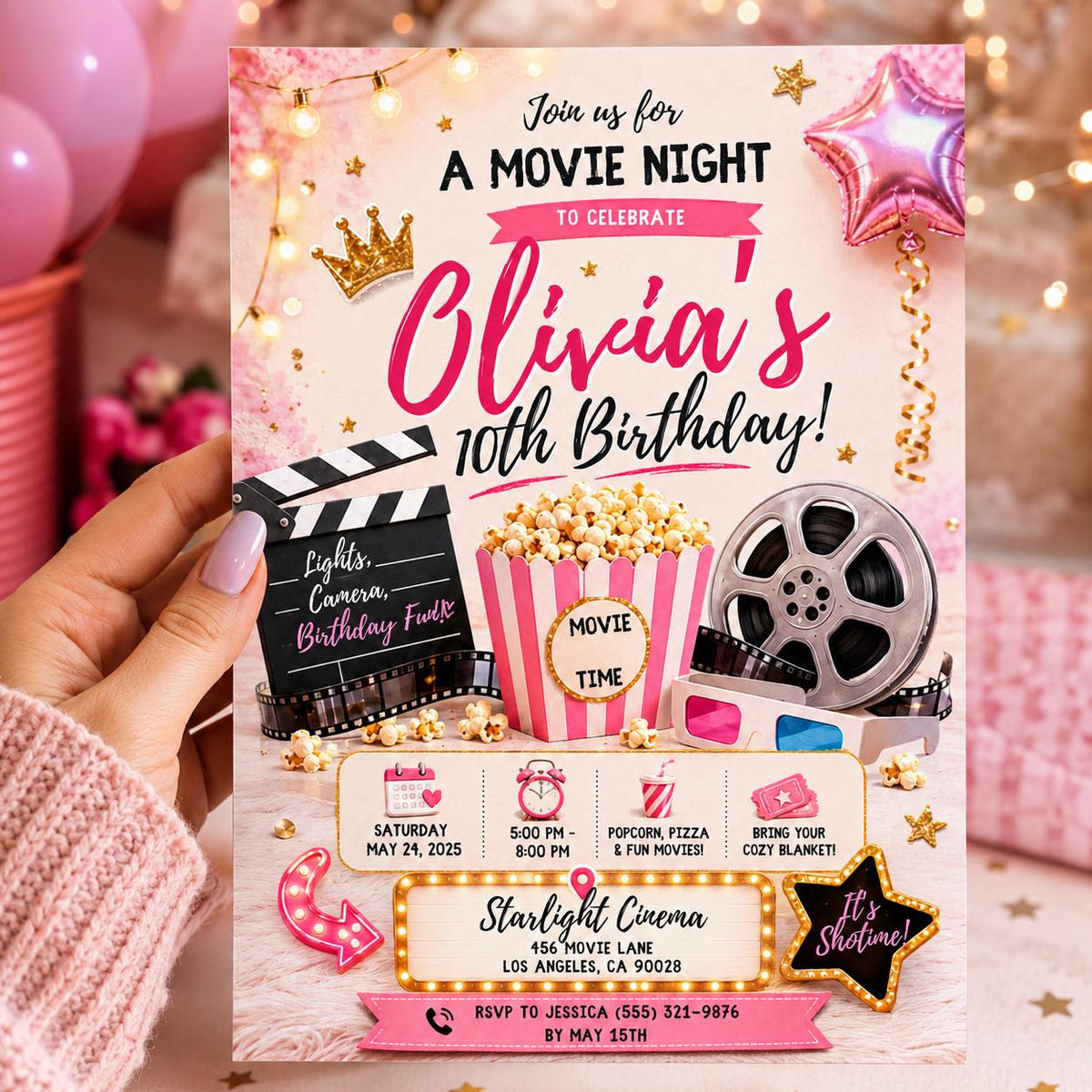 Editable Sleepover Birthday Invitation Canva Template, Pink Girls Kids Cute Modern Fun Instant DIY Party Invite, Printable Digital Download.