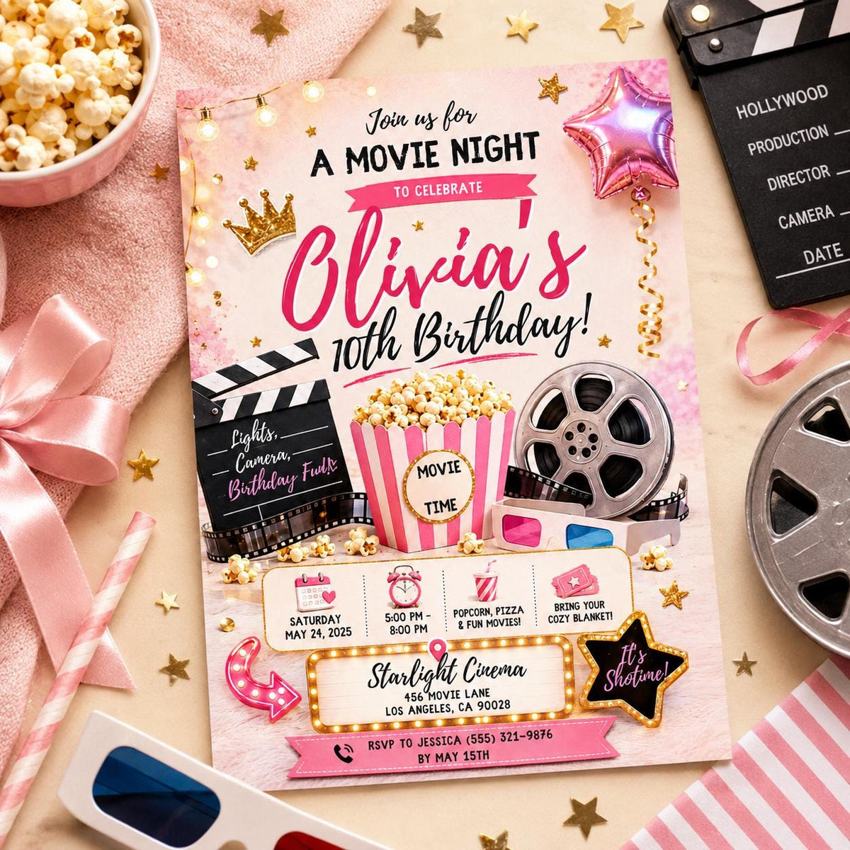 Editable Sleepover Birthday Invitation Canva Template, Pink Girls Kids Cute Modern Fun Instant DIY Party Invite, Printable Digital Download.