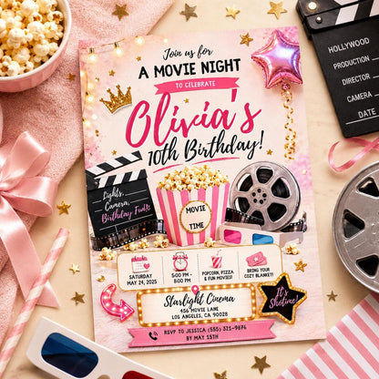 Editable Sleepover Birthday Invitation Canva Template, Pink Girls Kids Cute Modern Fun Instant DIY Party Invite, Printable Digital Download.