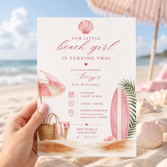 Editable Beach Baby Shower Invitation Canva Template, Pink Girls Kids Beach Cute Fun DIY Chic Teen Party Invite, Printable Digital Download.