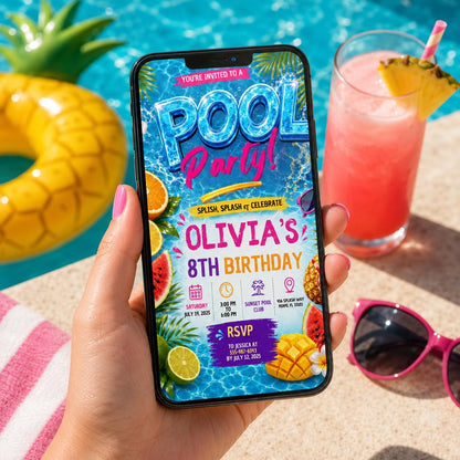 Editable Pool Birthday Invitation Canva Template, Girls Pool Cute Modern Fun Themed DIY Sweet Chic Party Invite, Printable Digital Download.