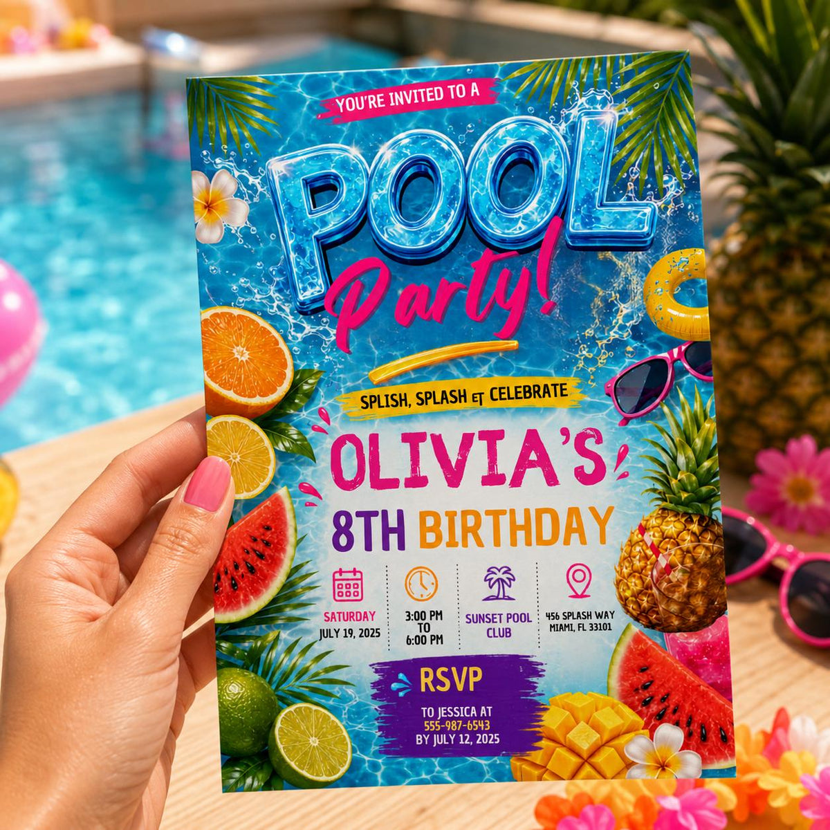 Editable Pool Birthday Invitation Canva Template, Girls Pool Cute Modern Fun Themed DIY Sweet Chic Party Invite, Printable Digital Download.