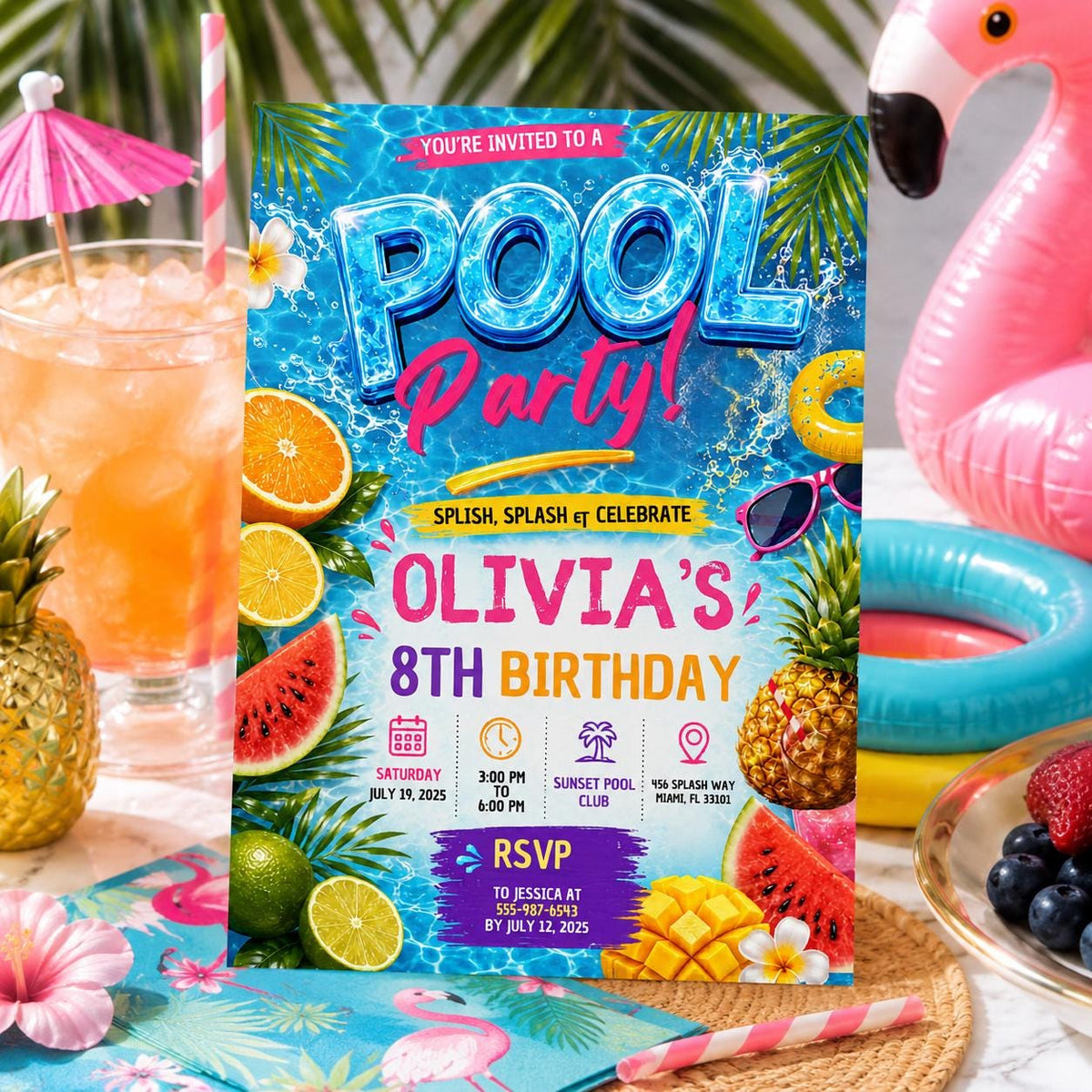 Editable Pool Birthday Invitation Canva Template, Girls Pool Cute Modern Fun Themed DIY Sweet Chic Party Invite, Printable Digital Download.