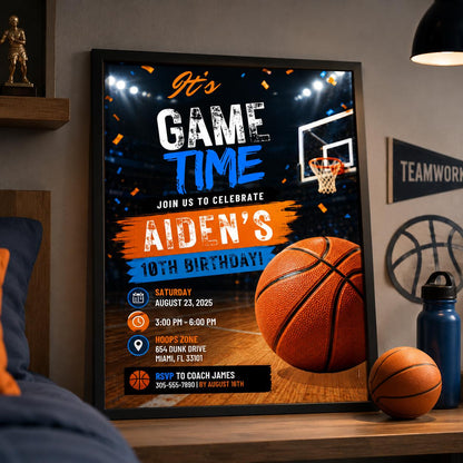 Editable Basketball Birthday Invitation Canva Template, Kids Sports Sport Cute Modern Fun DIY Chic Party Invite, Printable Digital Download.