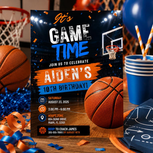 Editable Basketball Birthday Invitation Canva Template, Kids Sports Sport Cute Modern Fun DIY Chic Party Invite, Printable Digital Download.
