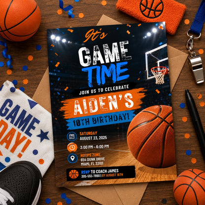 Editable Basketball Birthday Invitation Canva Template, Kids Sports Sport Cute Modern Fun DIY Chic Party Invite, Printable Digital Download.