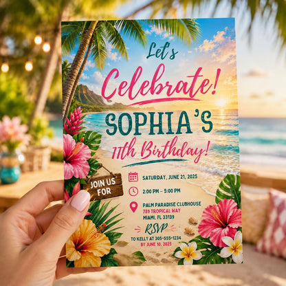 Editable Tropical Birthday Invitation Canva Template, Summer Cute Modern Fun Themed DIY Sweet Chic Party Invite, Printable Digital Download.