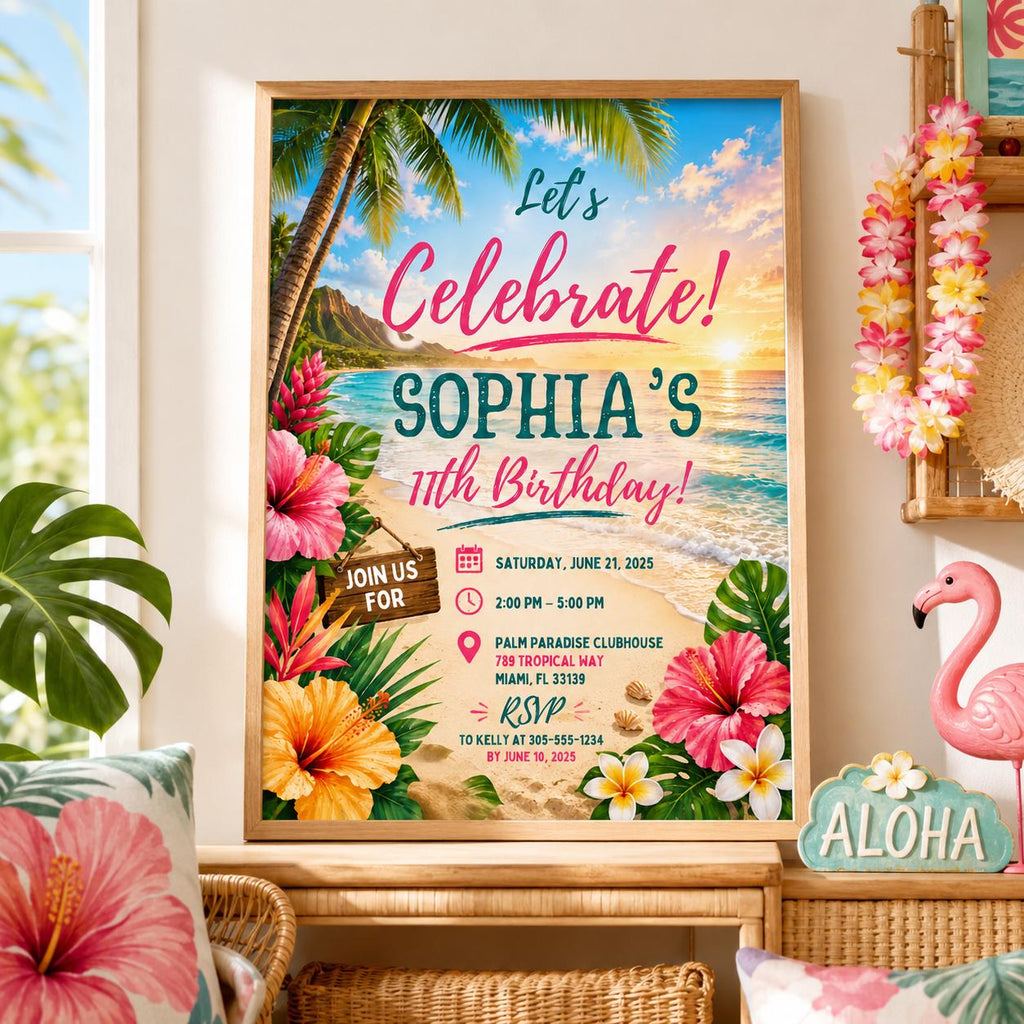Editable Tropical Birthday Invitation Canva Template, Summer Cute Modern Fun Themed DIY Sweet Chic Party Invite, Printable Digital Download.