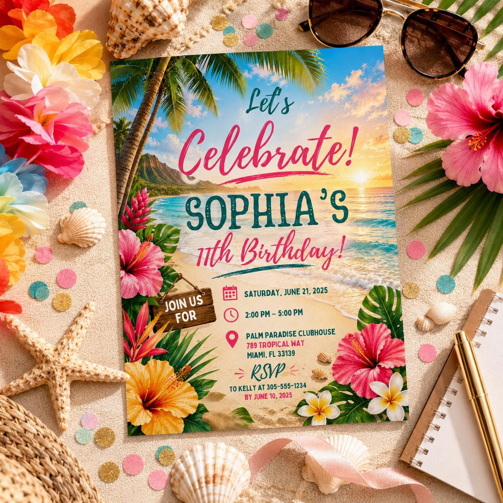 Editable Tropical Birthday Invitation Canva Template, Summer Cute Modern Fun Themed DIY Sweet Chic Party Invite, Printable Digital Download.