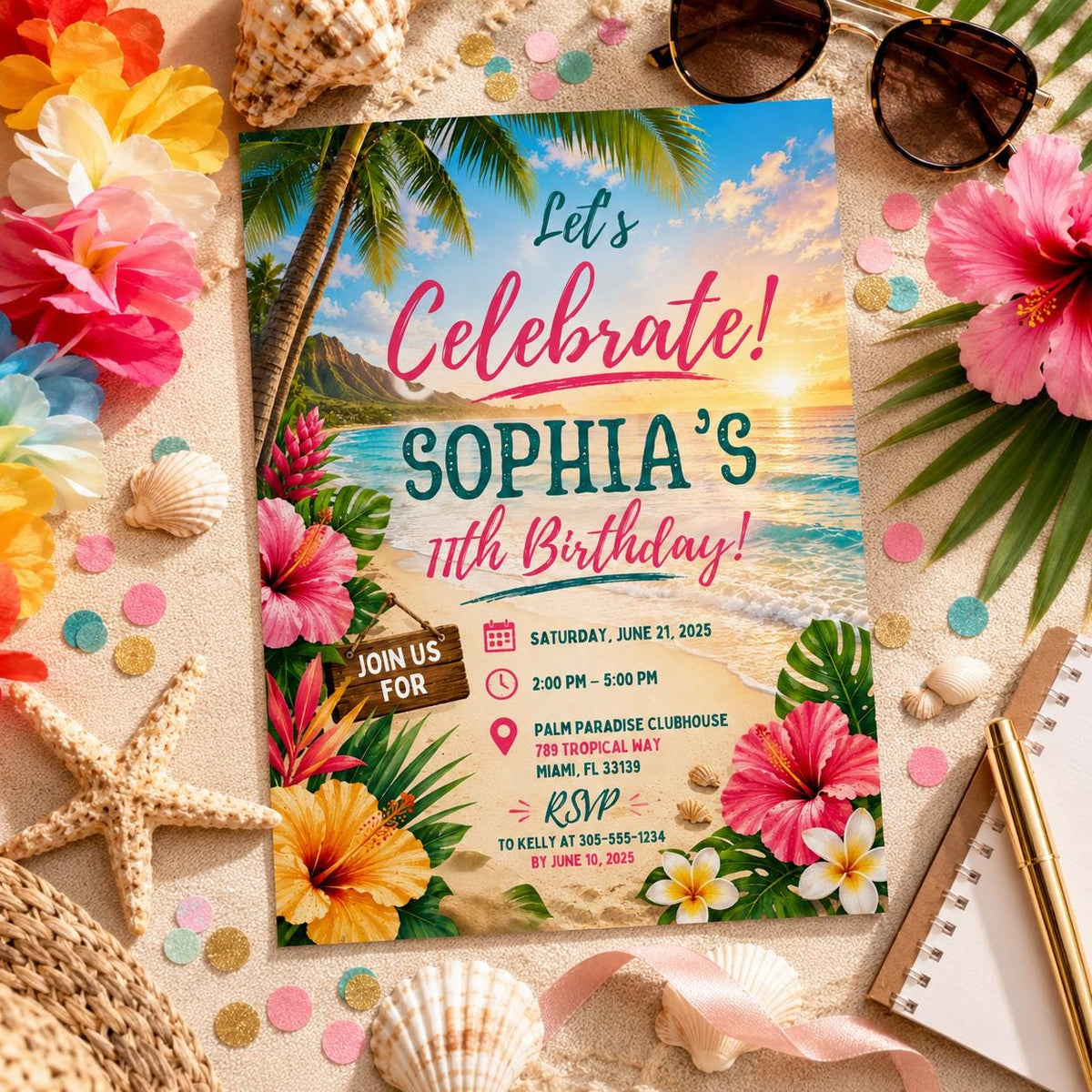 Editable Tropical Birthday Invitation Canva Template, Summer Cute Modern Fun Themed DIY Sweet Chic Party Invite, Printable Digital Download.