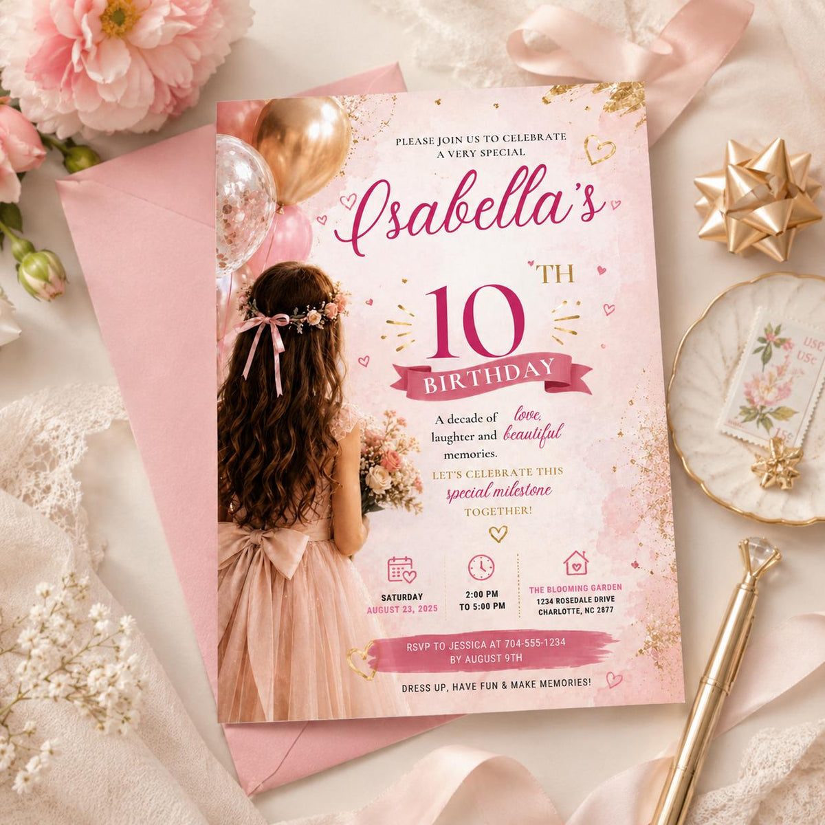 Editable Elegant Birthday Invitation Canva Template, Pink Girls Adult Cute Fun DIY Sweet Chic Kids Party Invite, Printable Digital Download.