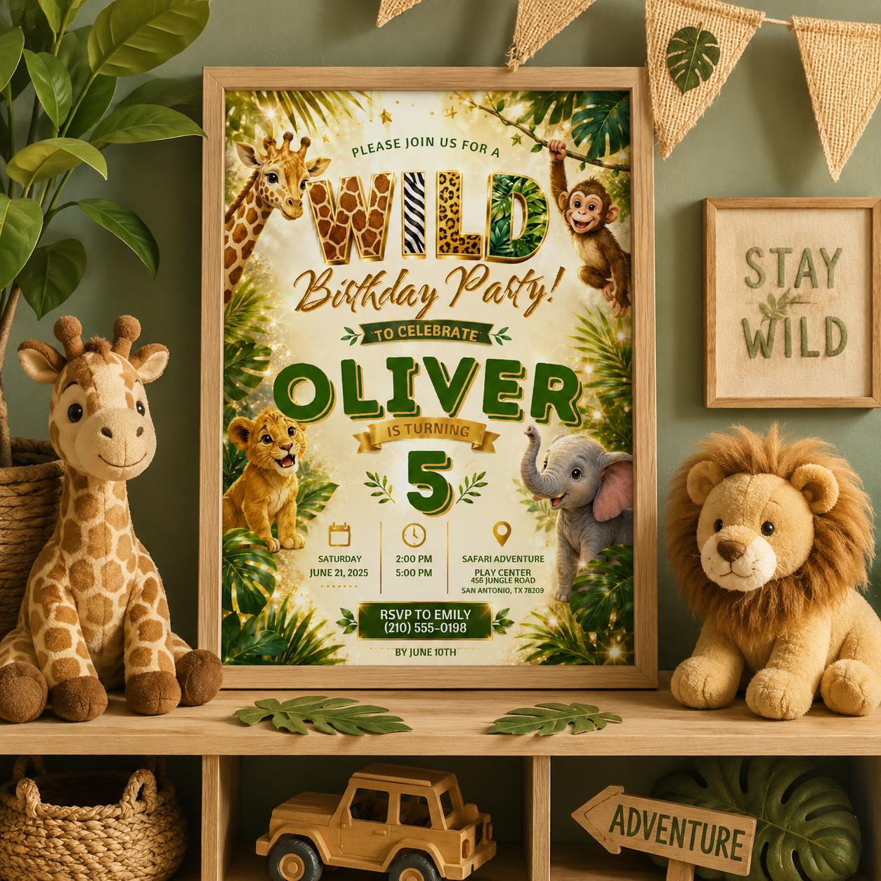 Editable Jungle Safari Birthday Invitation Canva Template, Neon Cute Kids Safari Fun DIY Chic Teen Party Invite, Printable Digital Download.