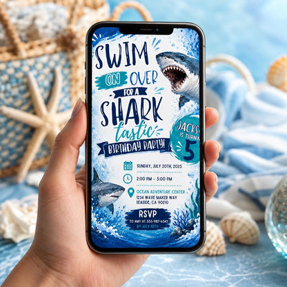 Editable Shark Birthday Invitation Canva Template, Boys Cute Modern Fun Themed DIY Sweet Chic Kids Party Invite, Printable Digital Download.