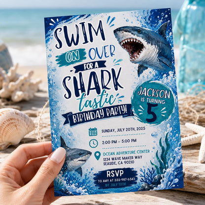 Editable Shark Birthday Invitation Canva Template, Boys Cute Modern Fun Themed DIY Sweet Chic Kids Party Invite, Printable Digital Download.