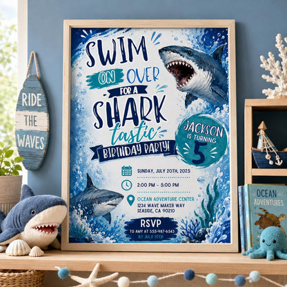 Editable Shark Birthday Invitation Canva Template, Boys Cute Modern Fun Themed DIY Sweet Chic Kids Party Invite, Printable Digital Download.