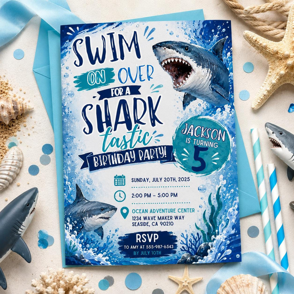 Editable Shark Birthday Invitation Canva Template, Boys Cute Modern Fun Themed DIY Sweet Chic Kids Party Invite, Printable Digital Download.