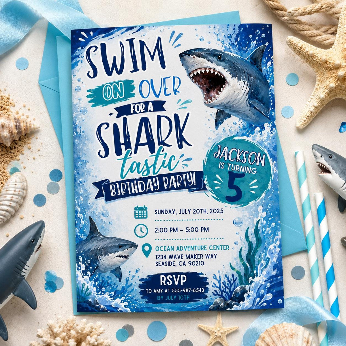 Editable Shark Birthday Invitation Canva Template, Boys Cute Modern Fun Themed DIY Sweet Chic Kids Party Invite, Printable Digital Download.