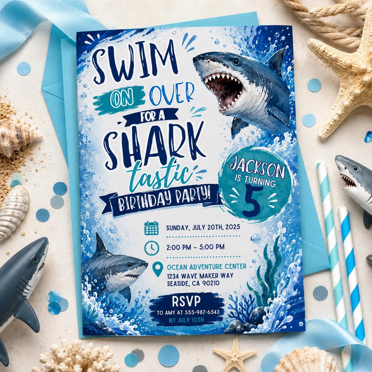 Editable Shark Birthday Invitation Canva Template, Boys Cute Modern Fun Themed DIY Sweet Chic Kids Party Invite, Printable Digital Download.