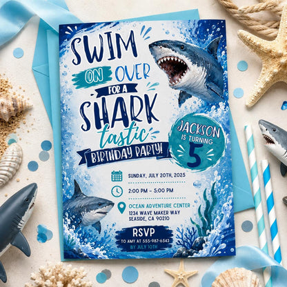 Editable Shark Birthday Invitation Canva Template, Boys Cute Modern Fun Themed DIY Sweet Chic Kids Party Invite, Printable Digital Download.
