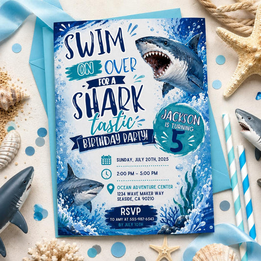 Editable Shark Birthday Invitation Canva Template, Boys Cute Modern Fun Themed DIY Sweet Chic Kids Party Invite, Printable Digital Download.