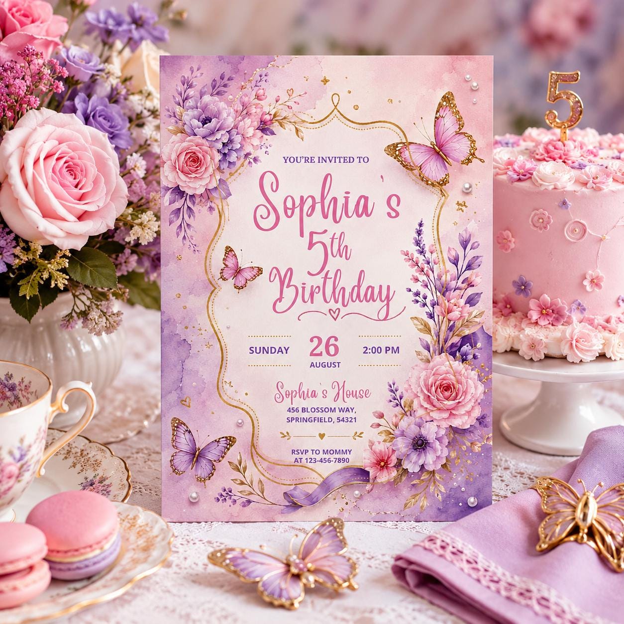 Editable Butterfly Birthday Invitation Canva Template, Pink Purple Floral Kids Cute Modern Fun DIY Party Invite, Printable Digital Download.