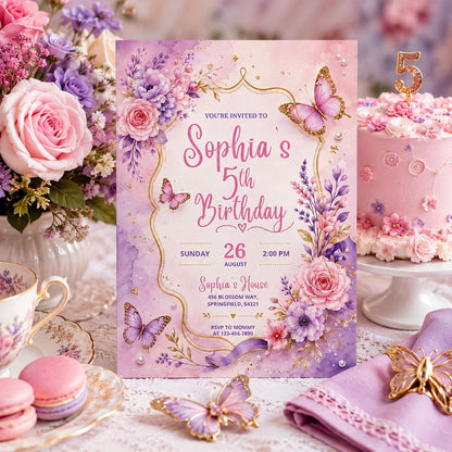 Editable Butterfly Birthday Invitation Canva Template, Pink Purple Floral Kids Cute Modern Fun DIY Party Invite, Printable Digital Download.