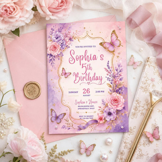 Editable Butterfly Birthday Invitation Canva Template, Pink Purple Floral Kids Cute Modern Fun DIY Party Invite, Printable Digital Download.
