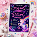 Editable Neon Glow Birthday Invitation Canva Template, Rainbow Girls Kids Neon Cute Modern Fun DIY Party Invite, Printable Digital Download.