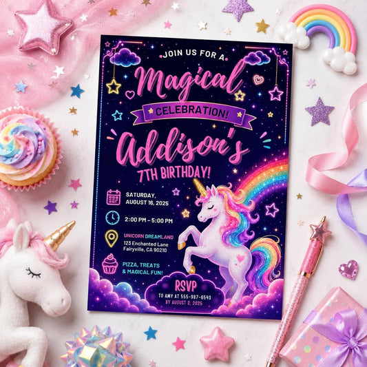 Editable Neon Glow Birthday Invitation Canva Template, Rainbow Girls Kids Neon Cute Modern Fun DIY Party Invite, Printable Digital Download.