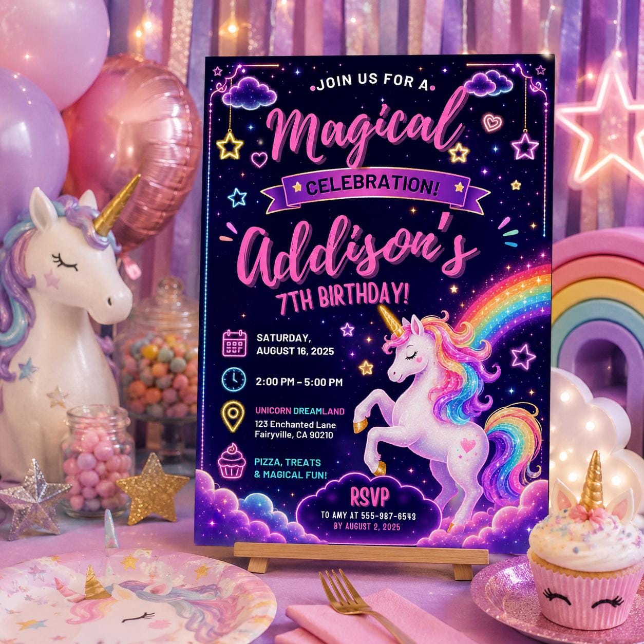 Editable Neon Glow Birthday Invitation Canva Template, Rainbow Girls Kids Neon Cute Modern Fun DIY Party Invite, Printable Digital Download.
