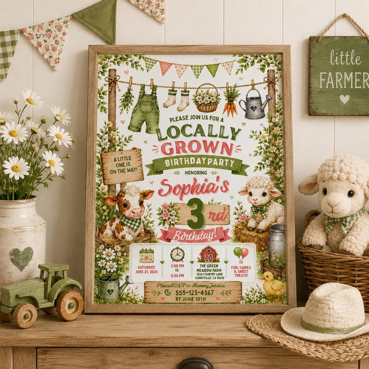Editable Farmers Market Baby Shower Invitation Canva Template, Green Floral Kids Cute Fun DIY Chic Party Invite, Printable Digital Download.
