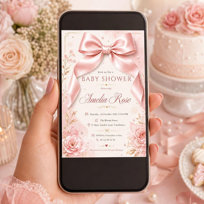 Editable Pink Bow Birthday Invitation Canva Template, Floral Girls Kids Bow Cute Fun DIY Chic Teen Party Invite, Printable Digital Download.