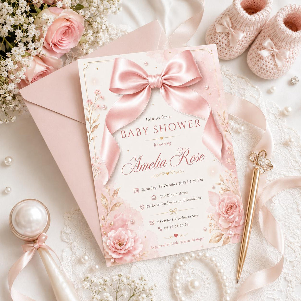 Editable Pink Bow Birthday Invitation Canva Template, Floral Girls Kids Bow Cute Fun DIY Chic Teen Party Invite, Printable Digital Download.