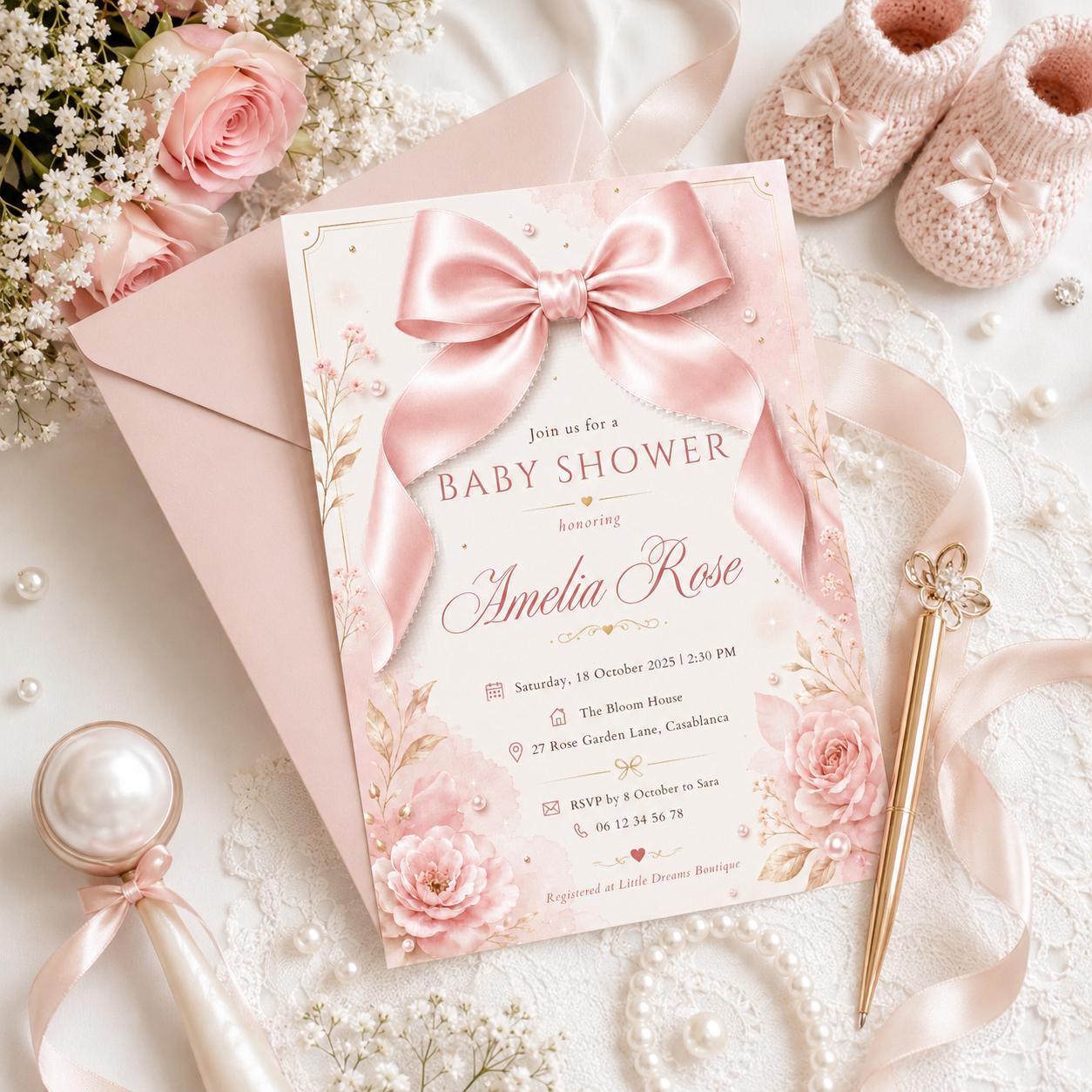 Editable Pink Bow Birthday Invitation Canva Template, Floral Girls Kids Bow Cute Fun DIY Chic Teen Party Invite, Printable Digital Download.