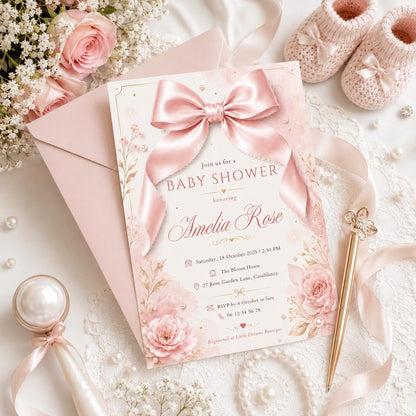 Editable Pink Bow Birthday Invitation Canva Template, Floral Girls Kids Bow Cute Fun DIY Chic Teen Party Invite, Printable Digital Download.