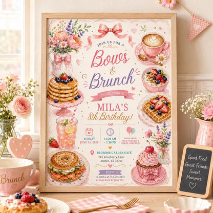 Editable Pink Bow Birthday Invitation Canva Template, Girls Adult Bow Cute Fun DIY Sweet Chic Kids Party Invite, Printable Digital Download.