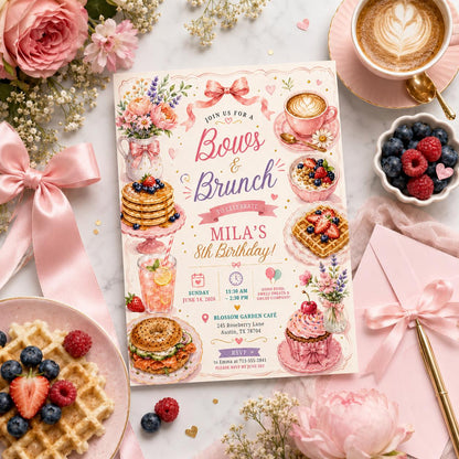 Editable Pink Bow Birthday Invitation Canva Template, Girls Adult Bow Cute Fun DIY Sweet Chic Kids Party Invite, Printable Digital Download.