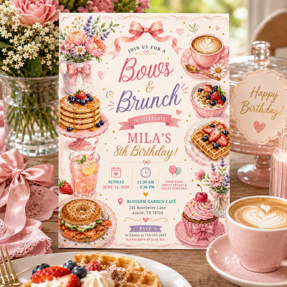 Editable Pink Bow Birthday Invitation Canva Template, Girls Adult Bow Cute Fun DIY Sweet Chic Kids Party Invite, Printable Digital Download.