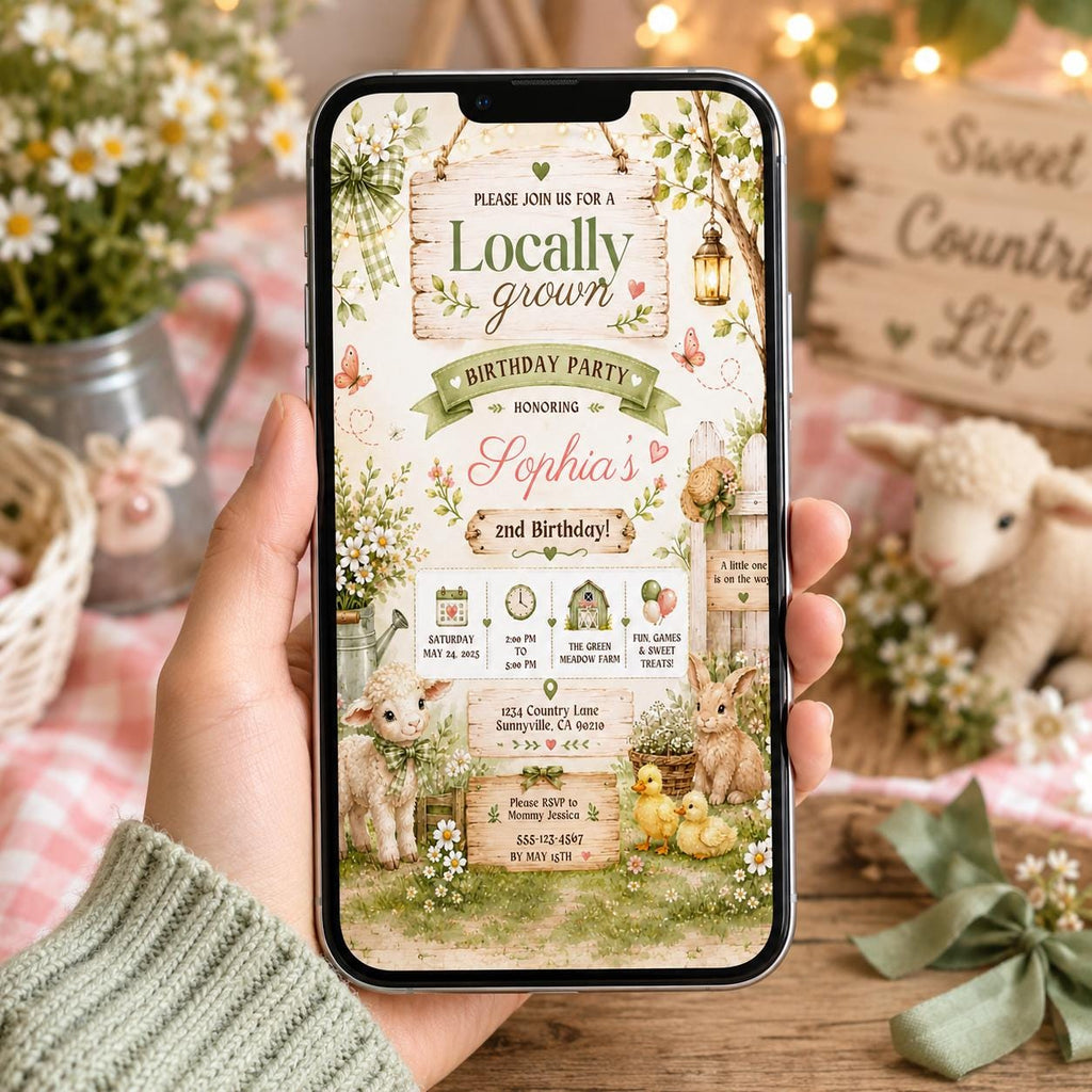 Editable Farmers Market Baby Shower Invitation Canva Template, Green Floral Kids Cute Fun DIY Chic Party Invite, Printable Digital Download.