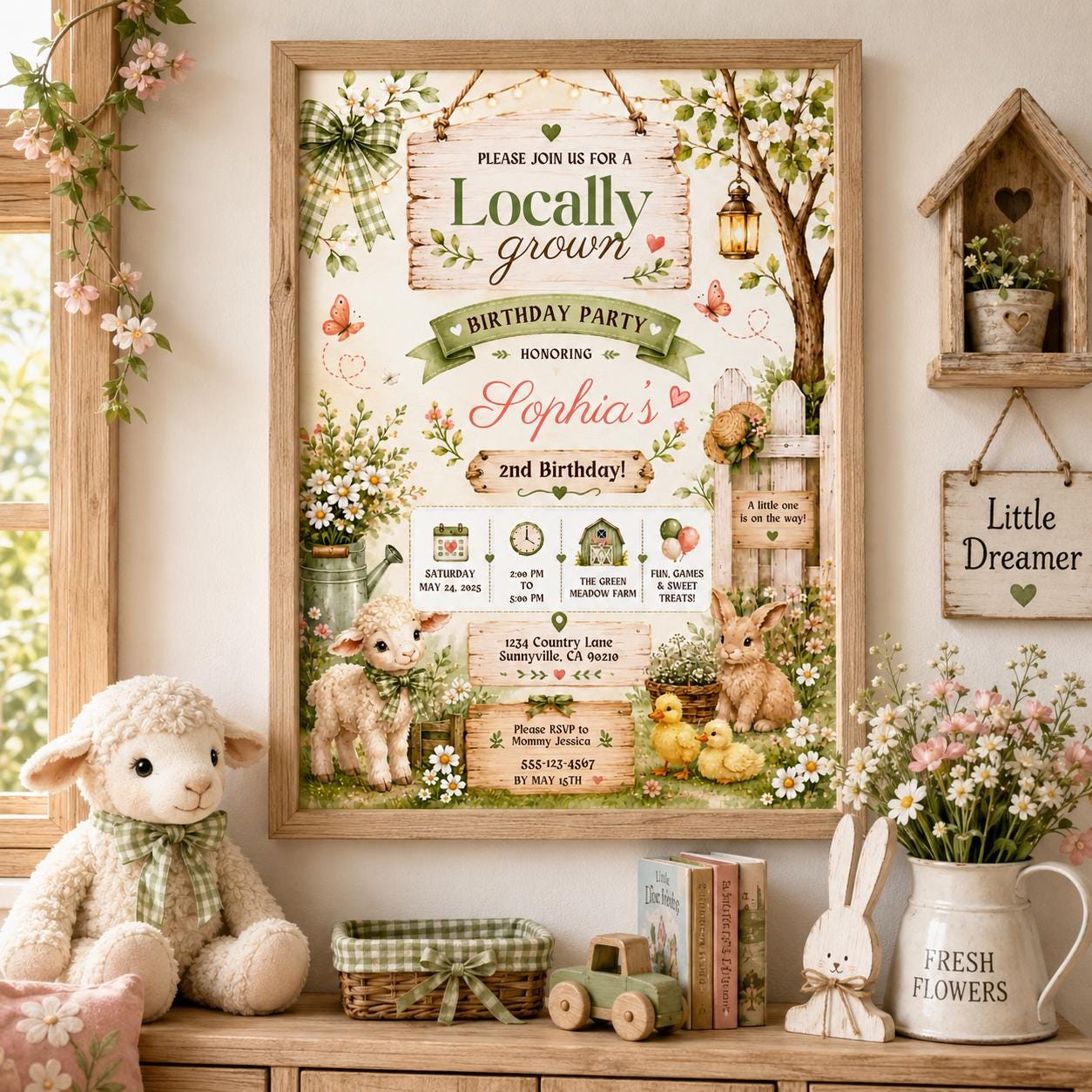 Editable Farmers Market Baby Shower Invitation Canva Template, Green Floral Kids Cute Fun DIY Chic Party Invite, Printable Digital Download.